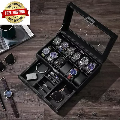 Mens Watch Box Case Organizer Glass Top 12 Slots Watches Jewelry Storage Drawer  • $62.15