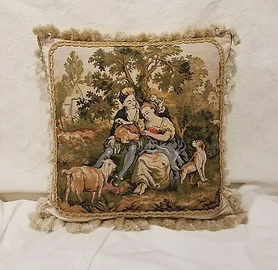 Vintage Tapestry Pillow Cover Romantic Dog Cat Goat Gold Green Brn Custom Made • $270