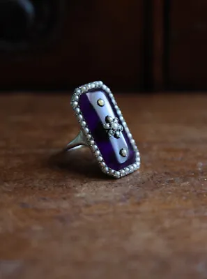 Georgian Purple Foiled Glass Seed Pearl Mourning Ring Silver Band • $700