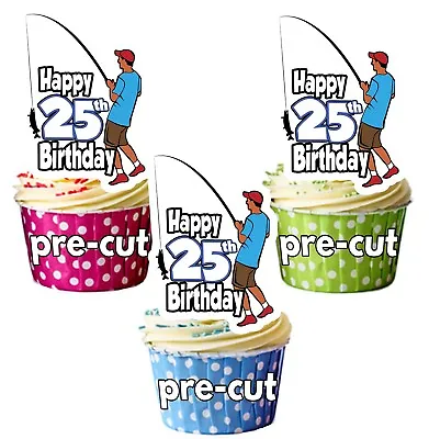 PRECUT Fishing 12 Cup Cake Toppers Birthday Decorations Boys Mens Son ANY AGE • £3.75