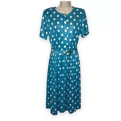 Vintage Blair Secretary Dress Aqua Polka Dot Accordion Skirt Fabric Belt Size 16 • $30