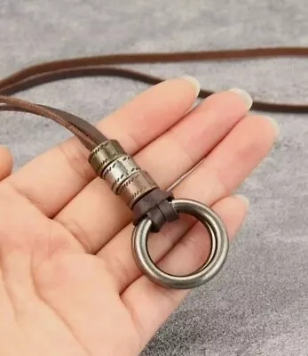 Mens Brown Leather Necklace Bronze Metal Ring Pendant Adjustable Necklace  • £9.99