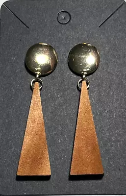 Vintage Art Deco Dangle Earrings Gold Circle Wood Triangle • $10