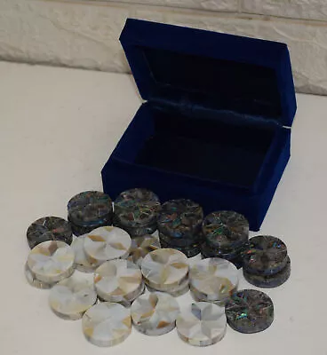 Handmade Blue & White Mother Of Pearl Inlay 30 Backgammon Chips Checkers Disks • $119