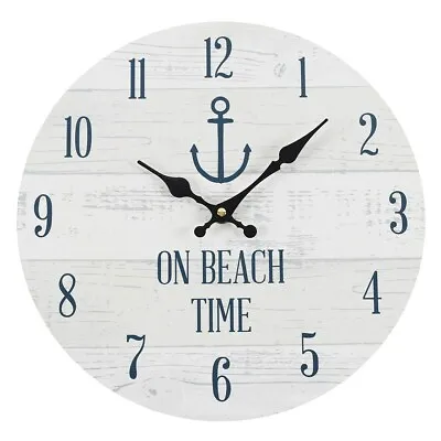  Wall Clock On Beach Time Nautical Round  Design Blue White 34cm Diameter  • £11.99