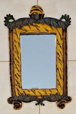 RARE VTG African Safari Tiger-Like Striped 3D Hand Carved Wooden Framed Mirror • $27.50