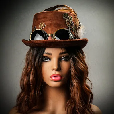 Women Brown Steampunk Deluxe Costume Feather Goggles Top Hat Party Head Gear • $21.99