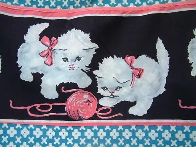Genuine Vintage 50s 60s ADORABLE KITTENS Pink Blue Cotton Apron  - White Cats • £19.99
