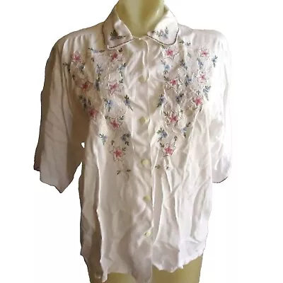 Vintage Womens Top Medium Cottage Core Granny Blouse Embroidered Ivory Rayon • $22.50