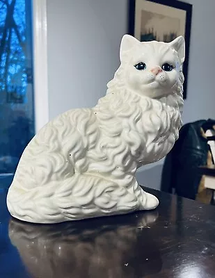 Persian White Ceramic Cat 9.5” Blue Eyes Sitting Statue Vintage Signed • $20