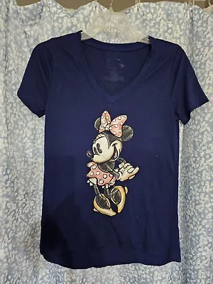 Women's Small Feminine Cut Minnie Mouse Print Cap Sleeve V-Neck Top By Disney  • $2.59