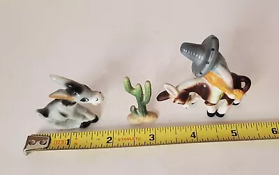 Vintage Porcelain Donkey Mexican Sombrero Guitar Cactus Figurines Burro Set Of 3 • $11