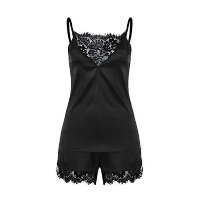 Women Sexy Satin Silk Lace Cami Vest Shorts Pyjamas Lingerie Sleepwear Set UK • £6.47