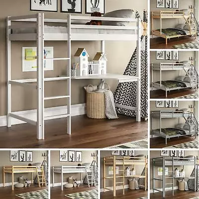 £224.99 • Buy Bunk Bed Triple Sleeper Loft Cabin Bed Solid Pine Wood Frame Desk Kids 3FT 4FT6