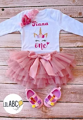 Personalised Unicorn Cake Smash First Birthday One Year Baby Girl Tutu Outfit • $49.95