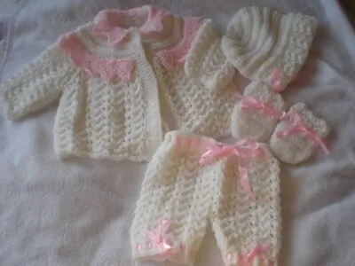 Lacey Lace Coat Bonnet Pants & Shoes Baby Knitting Pattern Dk Baby Or Reborn • £2.99