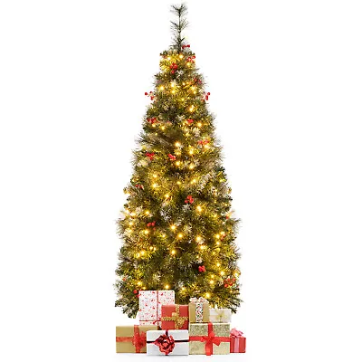 5/6/7/8/9 FT Pre-lit Christmas Tree Hinged Pencil Xmas Decoration W/ Red Berries • $149.99