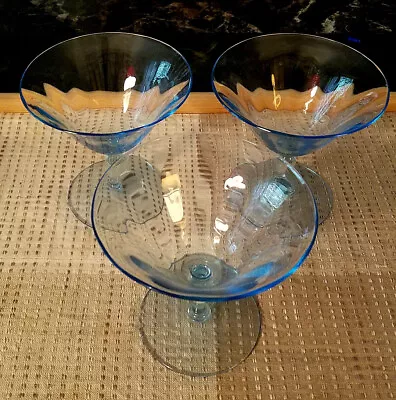 🌟 VTG 3 Light Blue Stemmed Elegant Martini Glasses BARWARE • $12