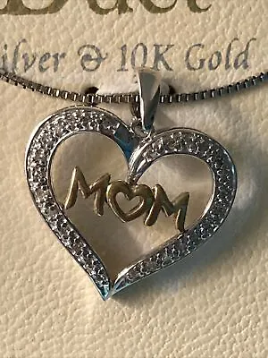 DUET Brand Women’s Necklace Heart With MOM Silver & 10K Gold 1/10 Tw Diamond NWT • $30