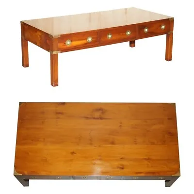 Fully Restored Burr Yew & Elm Brass Military Campaign 3 Drawer Coffee Table • £1500