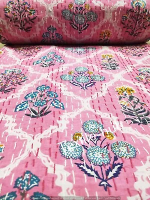 Indian Hand Block Kantha King Size Quilt Cotton Pink Bedspread Blanket Throw • £87