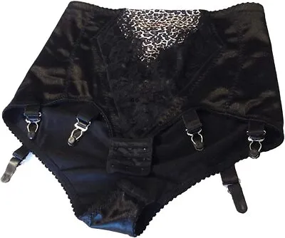 Black Panty Girdle With Leopard Print Front Panel Retro Style 6 Suspender Straps • $44.88