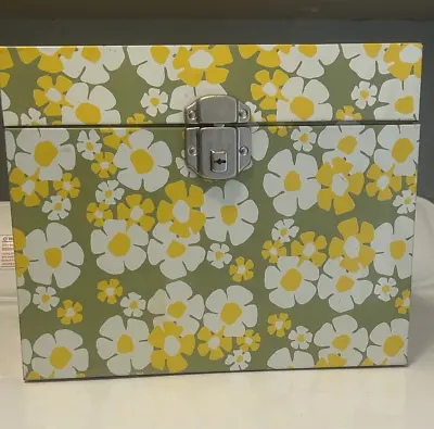 Vintage 1960s 1970's Metal File Box Storage Box Daisy Flowers Green Yellow W/Key • $30