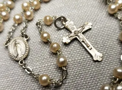 Vintage Rosary Sterling Silver Pearl Color Beads Christian H52 • $59.99