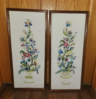 2 VTG Hand Stitched Needlepoint Crewel Flowers Butterfly Bird Pictures Framed  • $44.99