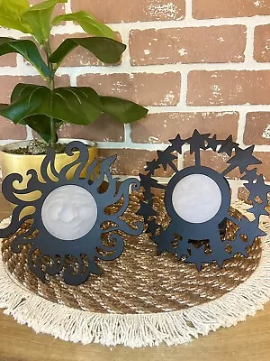 Vintage Party Lite Celestial Sun Moon Set Of 2 Wall Metal Black Candle Holders • £16.38