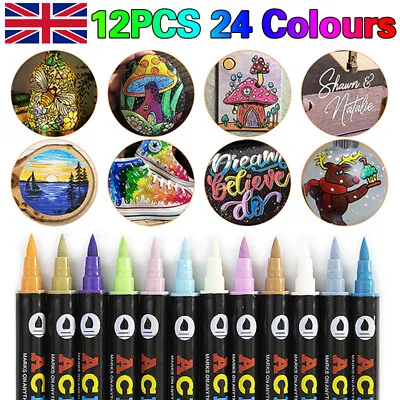 UK 24 Colors Acrylic Paint Marker Pens Fine Tip Pen Rock Drawing Pens Waterproof • £6.45