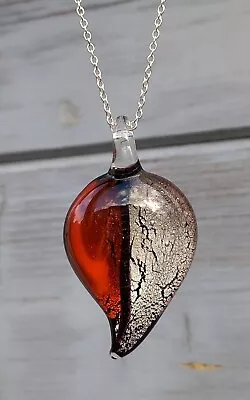 Murano Style Glass Heart Leaf Pepper Pendant. Foil & Red. 925 Silver Chain. VGC • £5.40