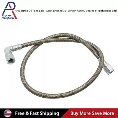 Turbo Oil Feed Line 36  Steel Braided -4 -4AN 90 Degree X Straight PTFE Line USA • $15.49