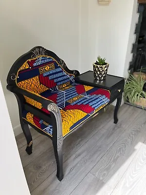 £90 • Buy Vintage Telephone Table/Seat Painted Black Seat Cover-African Print Fabric
