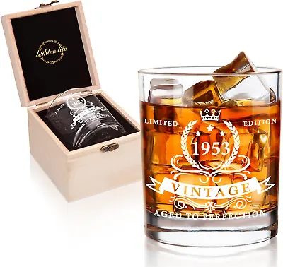 LIGHTEN LIFE 70th Birthday Gifts For Men 360ml 1953 Whiskey Glass In Wooden Box • £14.99