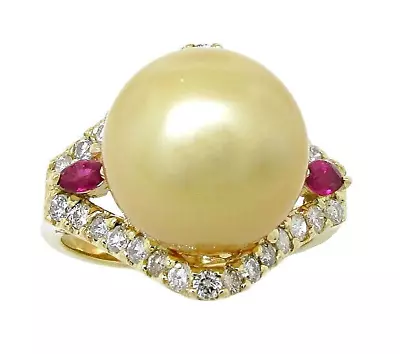 Ladies 14k Yellow Gold Golden South Sea Pearl With Diamonds And Marques Rubies • $2850