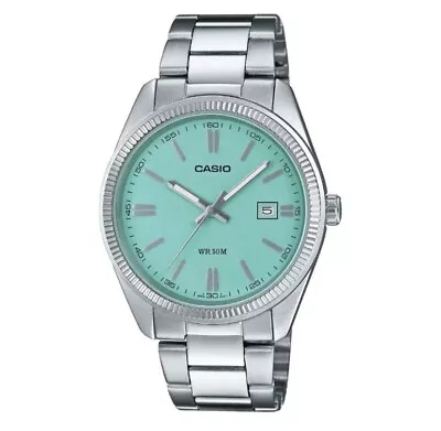 CASIO *Tiffany Blue* & Silver Stainless Steel Mens 44mm Watch MTP-1302PD-2A2VEF • £42.50