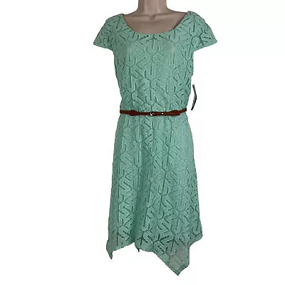 AB Studio Dress Women's Large Lace A-Line Short Sleeve Knee Length Belted Lined • $10