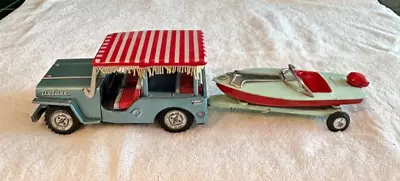 Vintage Deluxe Toy Tin Jeep With Fringe With Boat Pulling Boat Trailer • $150