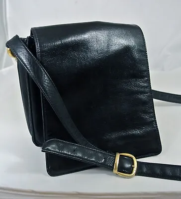 Vintage EMILY DANIELL BLACK Leather Crossbody Shoulder Bag H 9  Gold Accent • $19.99