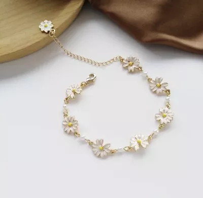 £4.99 • Buy Daisy Flower Gold Sunflower Charm Pearl Bracelet Cute UK Seller Gift