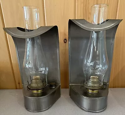 2 Vintage Soldered Curled Tin Wall Kerosene Oil Glass Globes Lamps Lanterns 14 H • $39.99