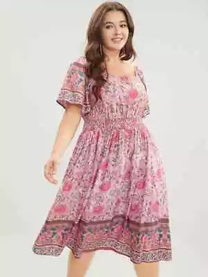 Bloomchic Bandana Print Square Neck Pocket Ruffles Shirred Dress Pink 12 • $24.99