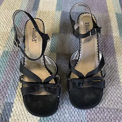 Vtg Mudd Sandals Womens 9.5 Y2K 90s Black Satin Strappy Block Heels Ankle Strap • $15.99