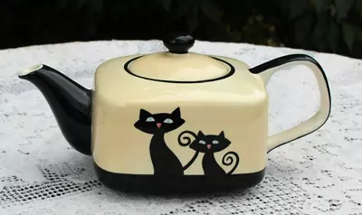 Hues N Brews Cattitude Oriental Cat Square Teapot W/ Lid MCM Retro Style • $22.99