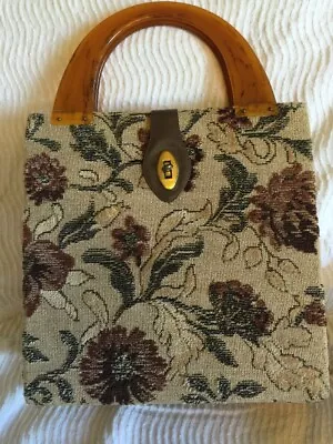 Vintage Chenille Floral Carpet Bag PURSE HANDBAG With Huge Double Lucite Handles • $110