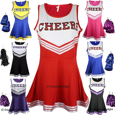 Cheerleader Fancy Dress Outfit Uniform High School Cheer Costume With Pom Poms • £17.99