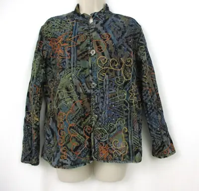 Chicos Embroidered Denim Jacket Size 2 Asian Mandarin Collar Sequin Art To Wear • $23.99