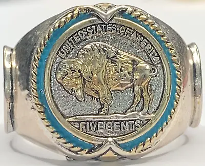 Honoring The American West Buffalo Nickel Silver Gold Plated Coin Ring SZ 13.75 • $25.16