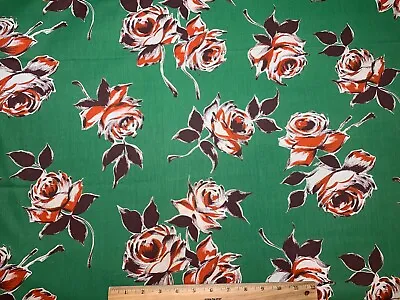 Vintage Cotton Fabric 1940s 50 Chic Shabby Roses On Green Floral 36w 1yd • $14.99